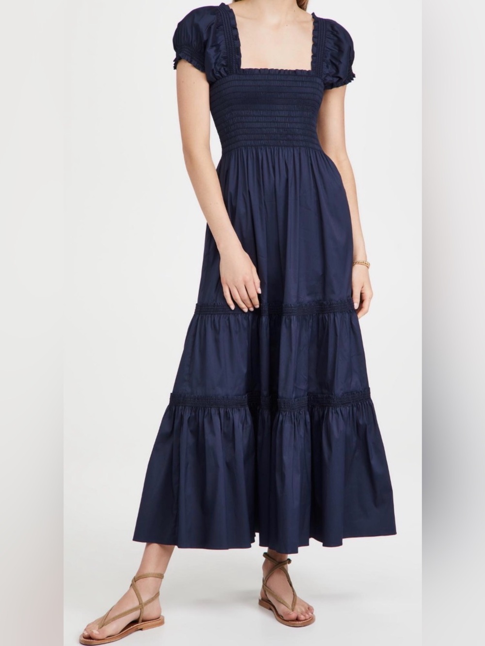 Tory Burch Navy Smocked Maxi Dress Square-Neck Short Blouson Sleeve Tiered Sz XL